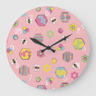 Pink Mideeuw Retro Honey Bee Pattern Grote Klok