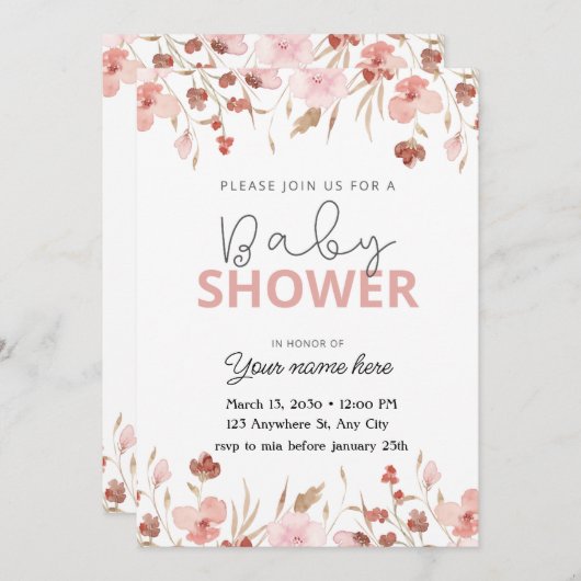 Pink mignon fleurs bébé invitation fille (Devant / Derrière)