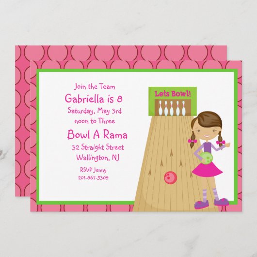 Pink, mignonne, Fille Bowling Party Invitation (Devant / Derrière)