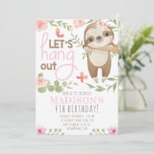 Pink mignonne Sloth Girl Anniversaire Invitation (Debout devant)
