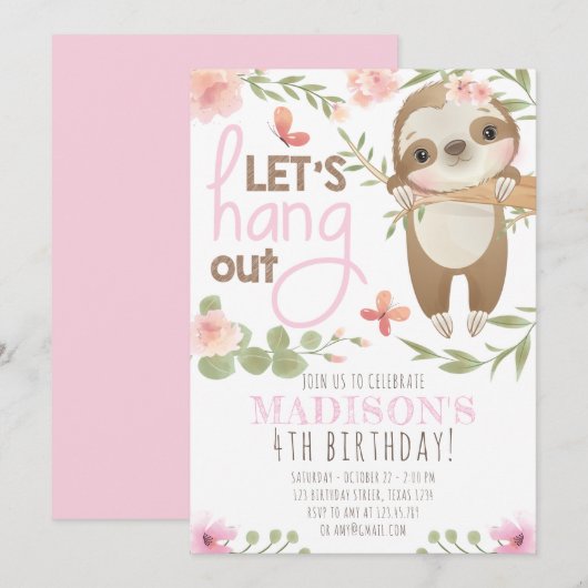 Pink mignonne Sloth Girl Anniversaire Invitation (Devant / Derrière)