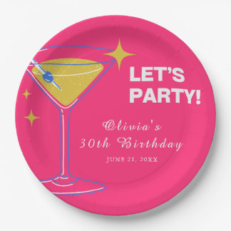Pink Minimalist Cocktail 30th Birthday Paper Plate Papieren Bordje