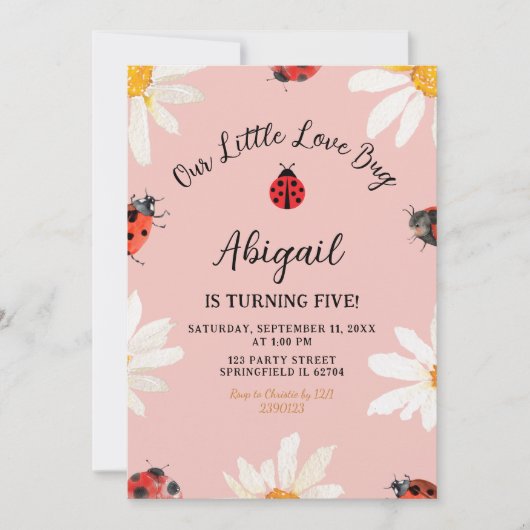 Pink Minimalist Daisy Lovebug Invitation Anniversa (Devant)