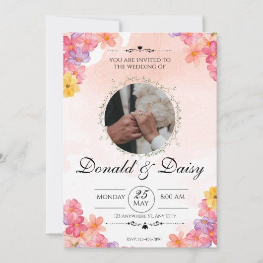 Pink Minimalist Floral Wedding Invitation Card (Devant)