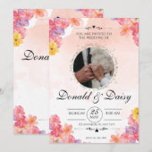 Pink Minimalist Floral Wedding Invitation Card (Devant / Derrière)