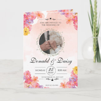 Pink Minimalist Floral Wedding Invitation Card Kaart