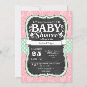 Pink Mint Chalkboard Floral Baby shower Invitation