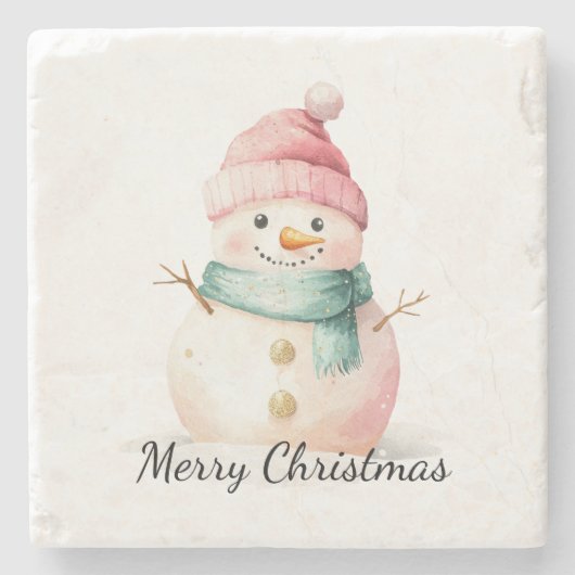 Pink Mint Christmas Snowman Stenen Onderzetter (Voorkant)