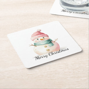 Pink Mint Christmas Snowman Vierkante Kartonnen Onderzetter