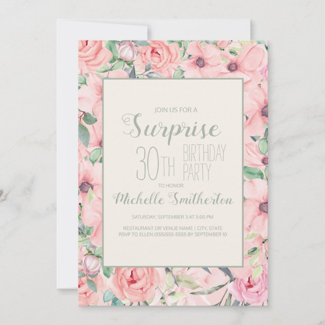 Pink Mint Green Waterverf Floral 30th Birthday (Voorkant)