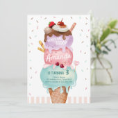 Pink Mint Ice Cream Cone Scoop Verjaardag Uitnodig Kaart (Staand voorkant)