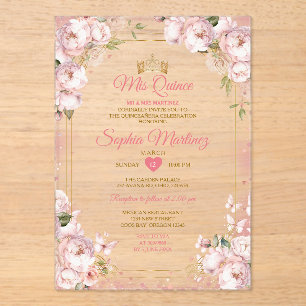 Pink Miss Quince Crown Gold Quinceañera Butterfly Acryl Uitnodigingen