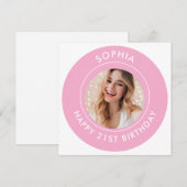 Pink Modern Cute Girl Happy 21st Birthday Photo  Save The Date (Voorkant / Achterkant)