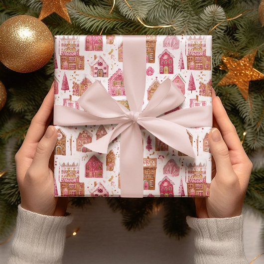 Pink Modern Gingerbread House Wrapping Paper Cadeaupapier