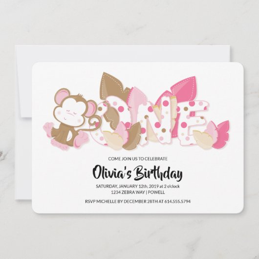 Pink Monkey First Birthday Party Invitation (Devant)