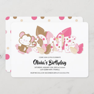 Pink Monkey First Birthday Party Invitation