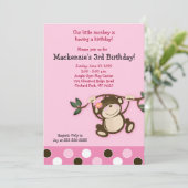 Pink Monkey Girl Birthday Uitnodiging (Staand voorkant)