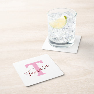 Pink Monogram Paper Coaster | Custom Name Vierkante Kartonnen Onderzetter
