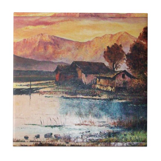 PINK MOUNTAINES LAKE ALPINE SUNSET LANDSCAPE TEGELTJE (Voorkant)