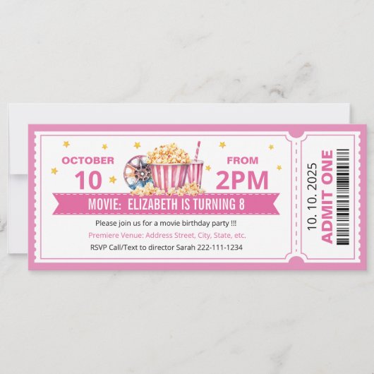 Pink Movie ticket birthday invitation (Devant)