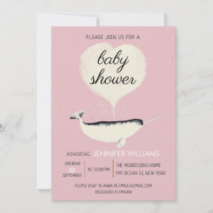Pink Narwhal Whale Meisje Baby shower Uitnodiging