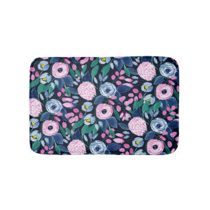 Pink Navy Blue Floral Bouquet Waterverf Patroon Badmat