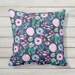 Pink Navy Blue Floral Bouquet Waterverf Patroon Buitenkussen