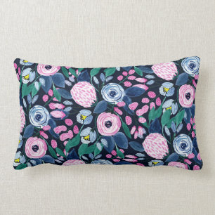 Pink Navy Blue Floral Bouquet Waterverf Patroon Kussen
