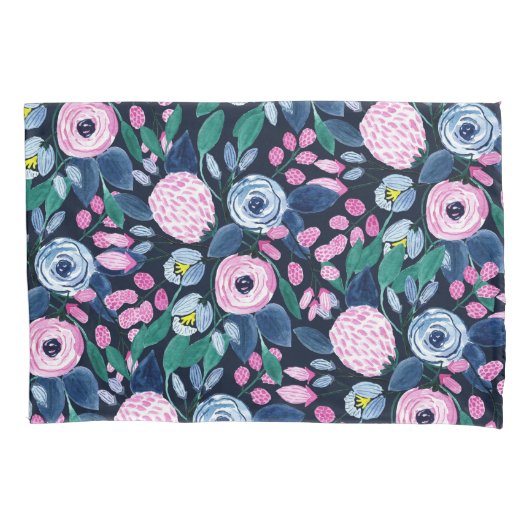 Pink Navy Blue Floral Bouquet Waterverf Patroon Kussensloop (Voorkant)