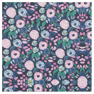 Pink Navy Blue Floral Bouquet Waterverf Patroon Stof