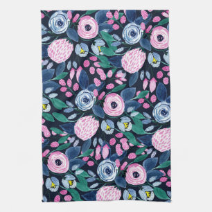Pink Navy Blue Floral Bouquet Waterverf Patroon Theedoek