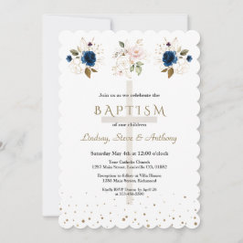 Pink Navy Blue Floral Gold Triplets Baptism   Kaart