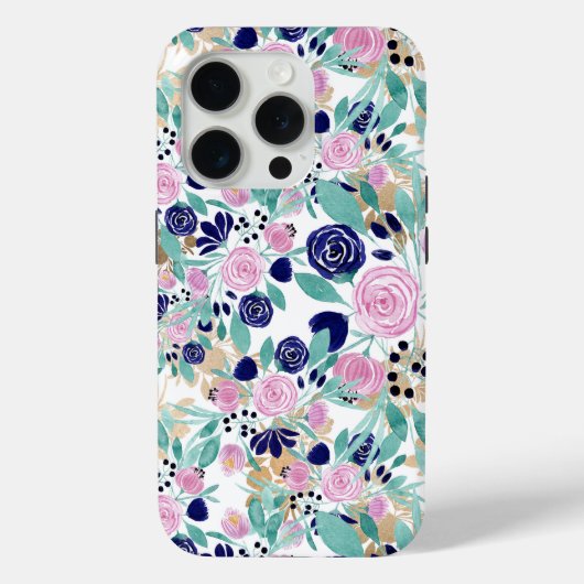 Pink Navy Blue Gold Waterverf Flowers Patroon Case-Mate iPhone Case (Achterkant)