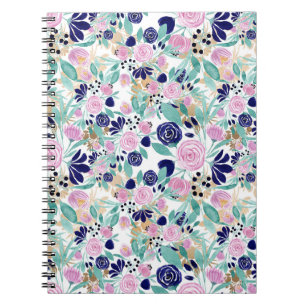 Pink Navy Blue Gold Waterverf Flowers Patroon Notitieboek