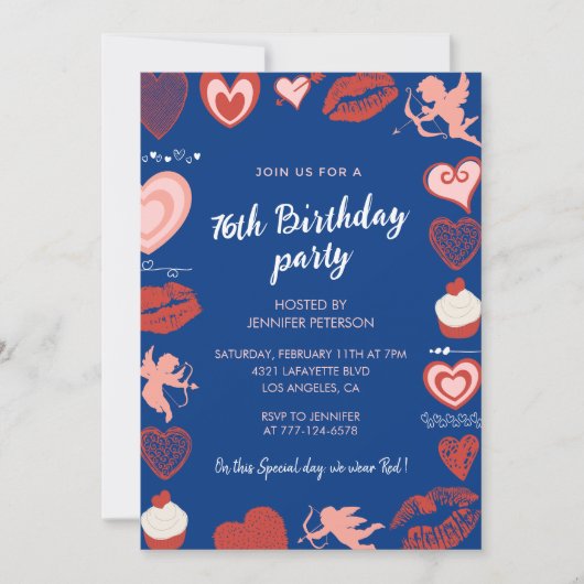 Pink Navy Blue Hearts 76e anniversaire invitations (Devant)