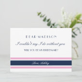 Pink & Navy Blue Stripes Wil je mijn bruidsmeisje  Kaart (Staand voorkant)