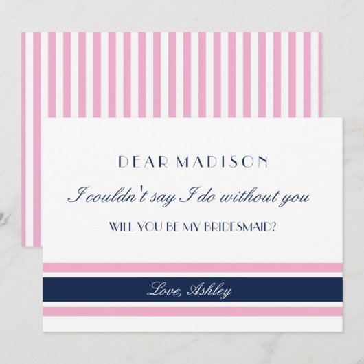 Pink & Navy Blue Stripes Wil je mijn bruidsmeisje  Kaart (Voorkant / Achterkant)