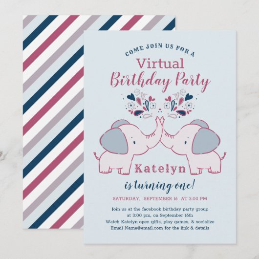 Pink & Navy Schattige Elephant Virtual Birthday Pa Kaart (Voorkant / Achterkant)