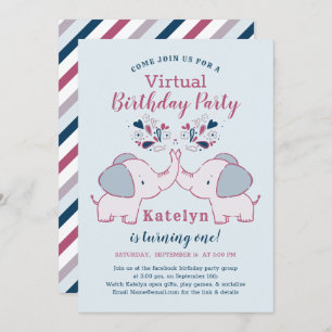 Pink & Navy Schattige Elephant Virtual Birthday Pa Kaart