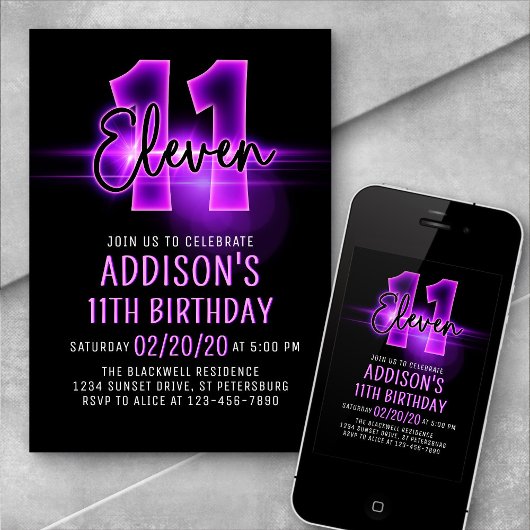 Pink Neon 11e anniversaire Invitation