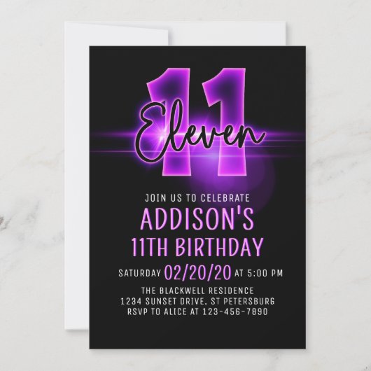Pink Neon 11e anniversaire Invitation (Devant)