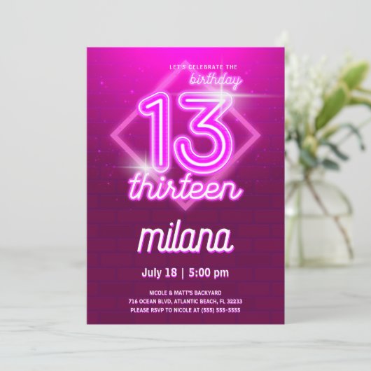Pink Neon 13e Anniversaire Carte d'invitation (Debout devant)