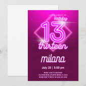 Pink Neon 13e Anniversaire Carte d'invitation (Devant / Derrière)