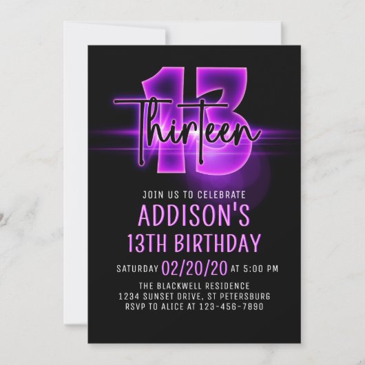 Pink Neon 13e anniversaire Invitation (Devant)
