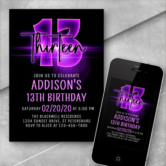 Pink Neon 13e anniversaire Invitation