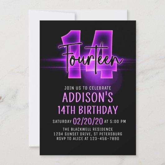 Pink Neon 14e anniversaire Invitation (Devant)