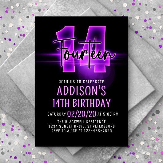 Pink Neon 14e anniversaire Invitation