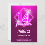 Pink Neon 14th Birthday Party Invitation Card (Devant)