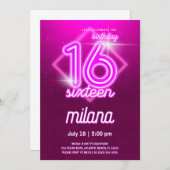 Pink Neon 16e Anniversaire Carte d'invitation (Devant / Derrière)