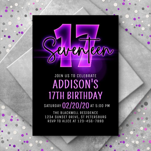 Pink Neon 17e anniversaire Invitation